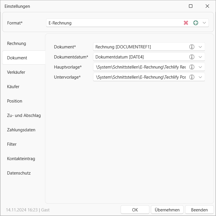 cobra E-Rechnung Einstellungen Dokument