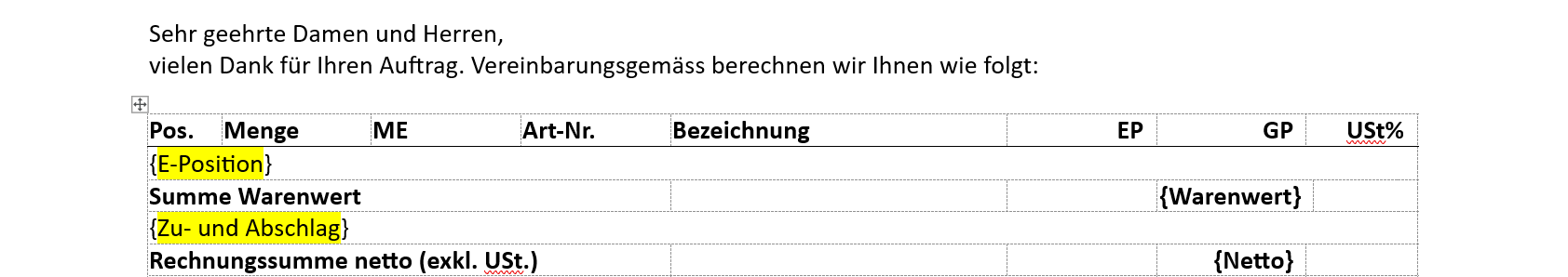 cobra E-Rechnung Untervorlage in Hauptvorlage