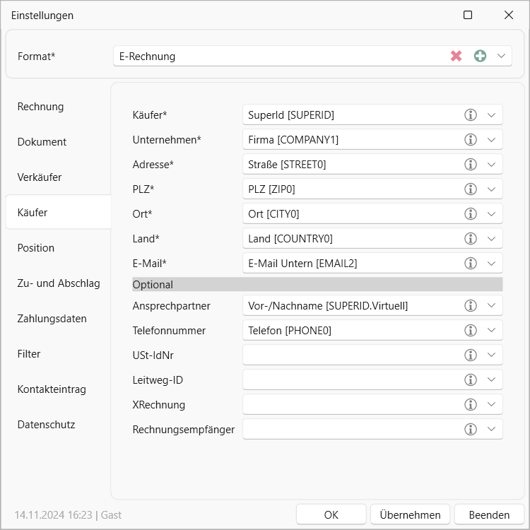 cobra E-Rechnung Einstellungen Kaeufer