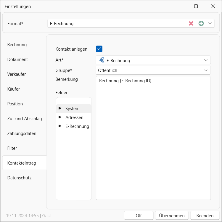 cobra E-Rechnung Einstellungen Kontakteintrag