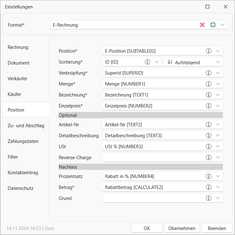 cobra E-Rechnung Einstellungen Position