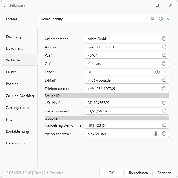 cobra E-Rechnung Einstellungen Verkaeufer