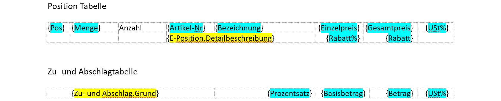 cobra E-Rechnung Untervorlage Beispiel