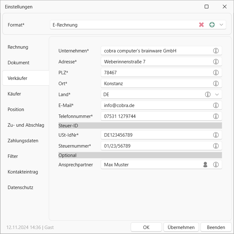 cobra E-Rechnung Einstellungen Verkaeufer