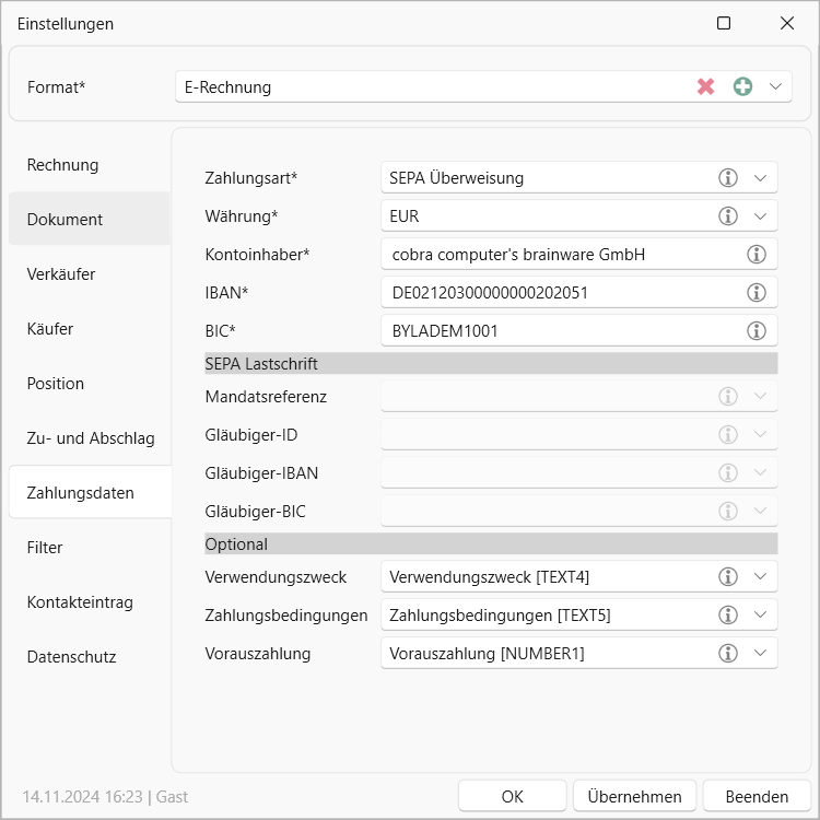 cobra E-Rechnung Einstellungen Zahlungsdaten